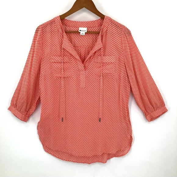 STYLUS Tops - STYLUS Women's Coral Cream M Rayon 3/4 Sleeve Henley Geometric Blouse Top